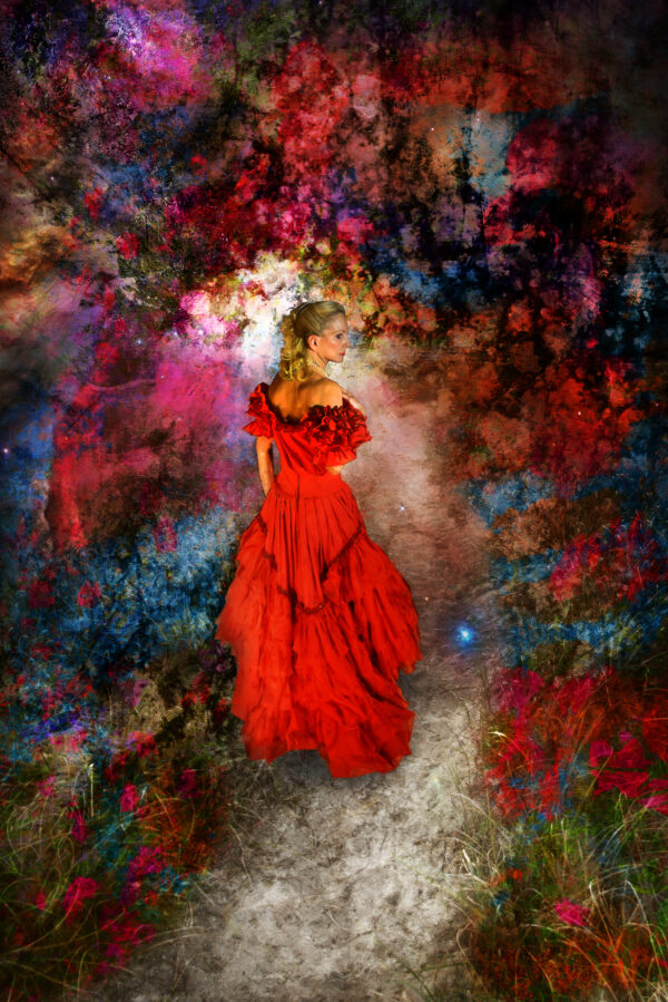 Monet Flower Walkway And The Red Dress